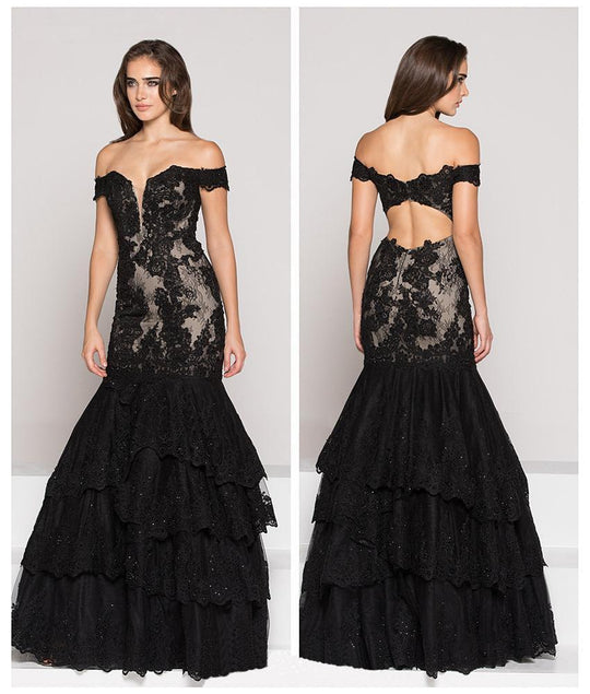 Colors Couture - J052 Lace Off Shoulder Trumpet Dress In Black