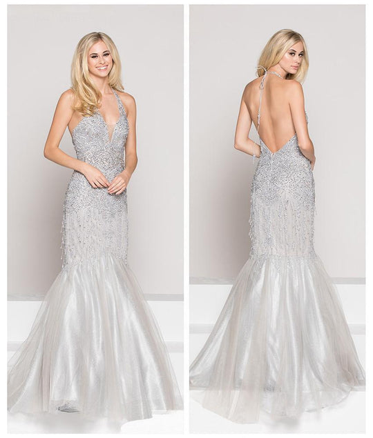 Colors Couture - J053 Embellished Halter Mermaid Dress In Silver