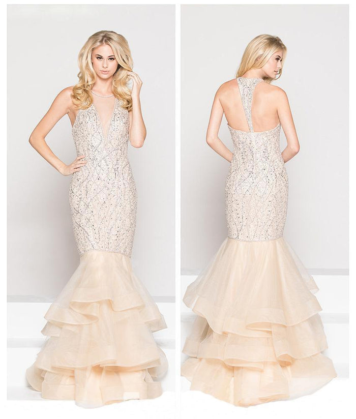 Colors Couture - J054 Illusion Jewel Neck Beaded Mermaid Gown In Neutral