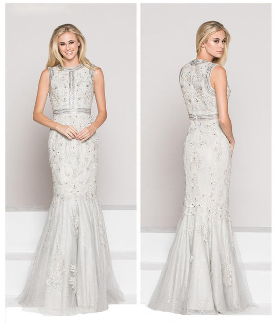 Colors Couture - J058 Lace Applique Adorned Mermaid Gown In Silver