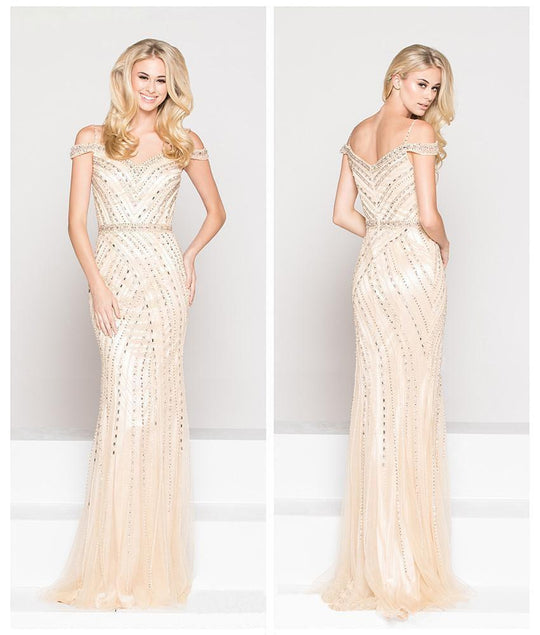 Colors Couture - J059 Opulent Off-Shoulder Evening Gown In Neutral