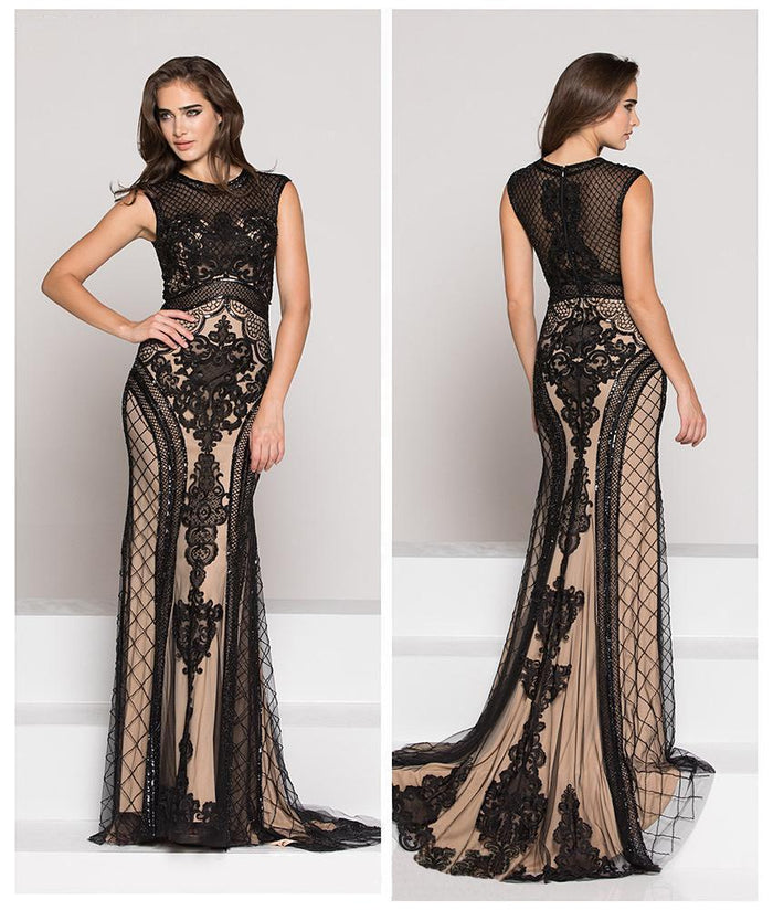 Colors Couture - J061 Embellished Sheer Jewel Sheath Dress In Black and Neutral