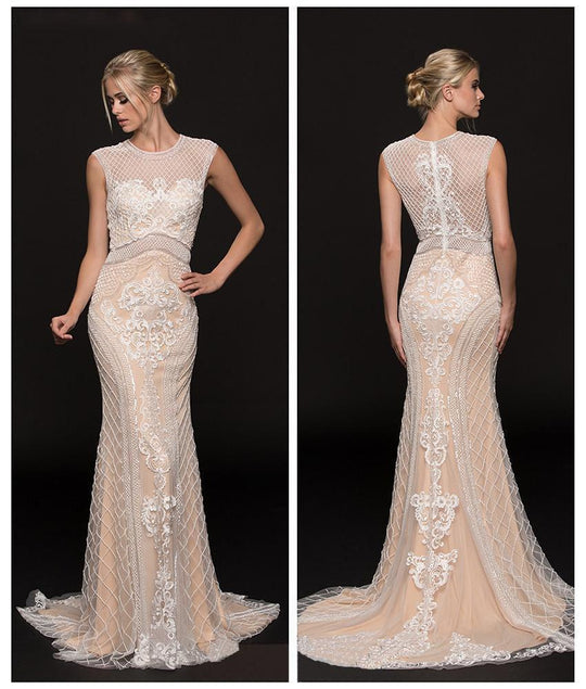 Colors Couture - J061 Embellished Sheer Jewel Sheath Dress In White and Neutral