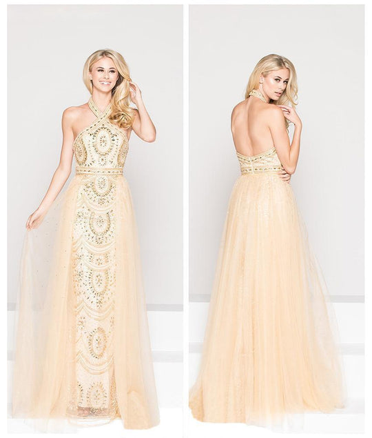 Colors Couture - J067 Halter Neck Beaded Sheath Gown In Gold