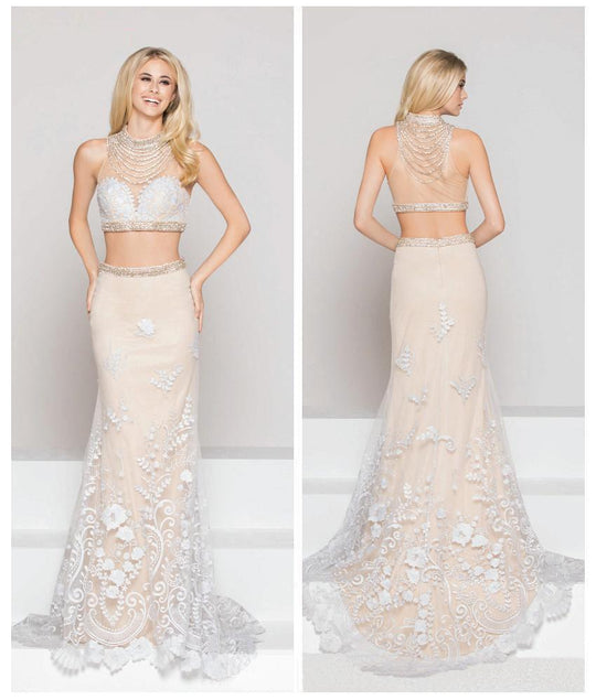 Colors Dress - 1800 Two Piece Illusion Halter Sheath Dress In White and Neutral