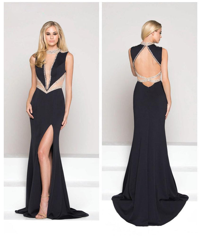 Colors Dress - 1816 Bedazzled Illusion High Sheath Dress In Blue