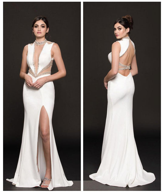 Colors Dress - 1816 Bedazzled Illusion High Sheath Dress In White