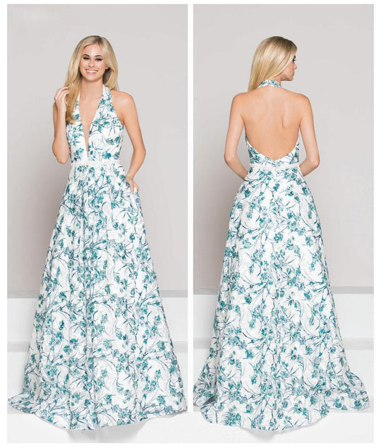 Colors Dress - 1837 Printed Halter A-line Dress In Green and White