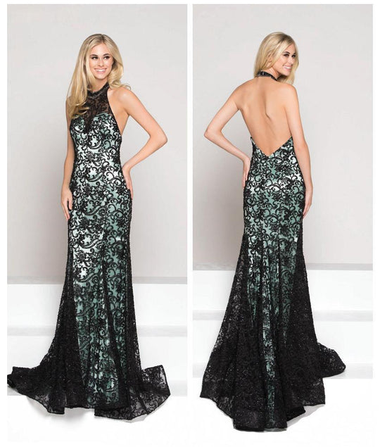 Colors Dress - 1892 Lace Illusion Halter Sheath Dress In Black and Green