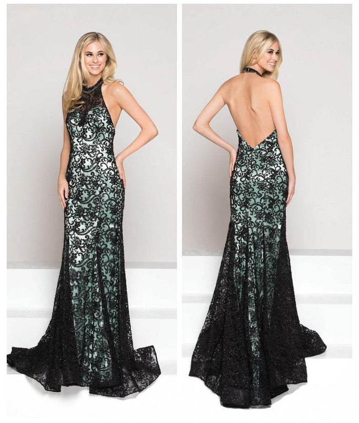 Colors Dress - 1892 Lace Illusion Halter Sheath Dress In Black and Green