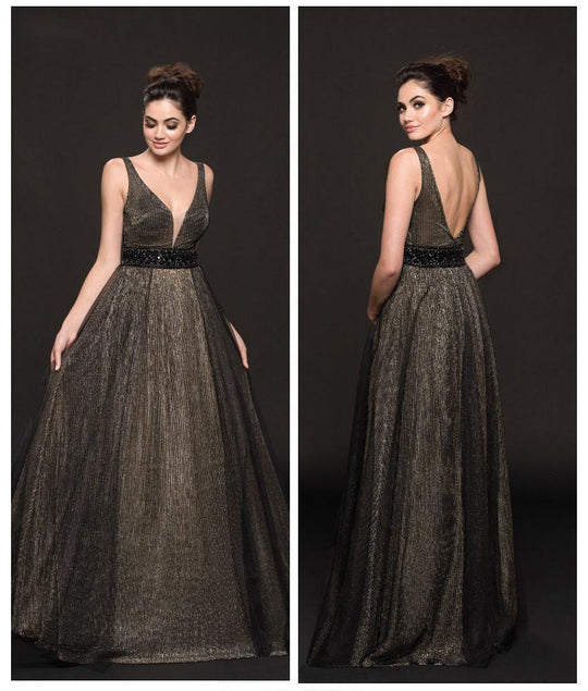 Colors Dress - 1922 Metallic Mesh V-neck A-line Dress In Black and Brown