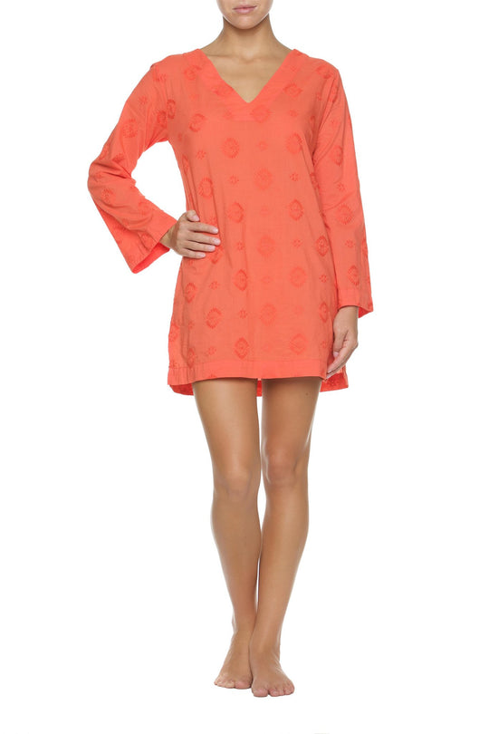 EMBROIDERED V-NECK TUNIC-CORAL