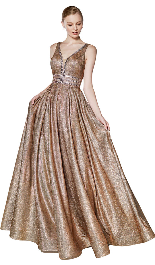 Cinderella Divine - CJ505 Plunging V-Neck Pleated A-Line Gown In Brown