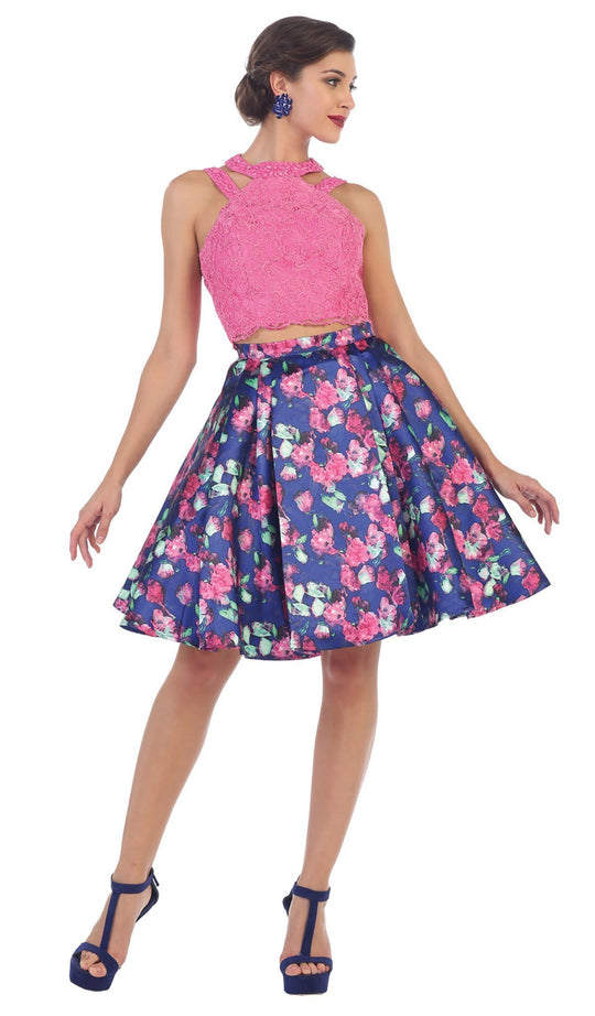 May Queen - RQ7459 Two Piece Lace and Floral Cocktail Dress