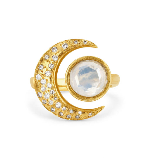 Logan Hollowell - One of a Kind Moonstone Crescent Ring with Diamonds in Gold
