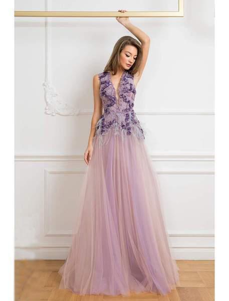 Cristallini - SKA 842 Embellished Deep V-neck Ballgown In Purple