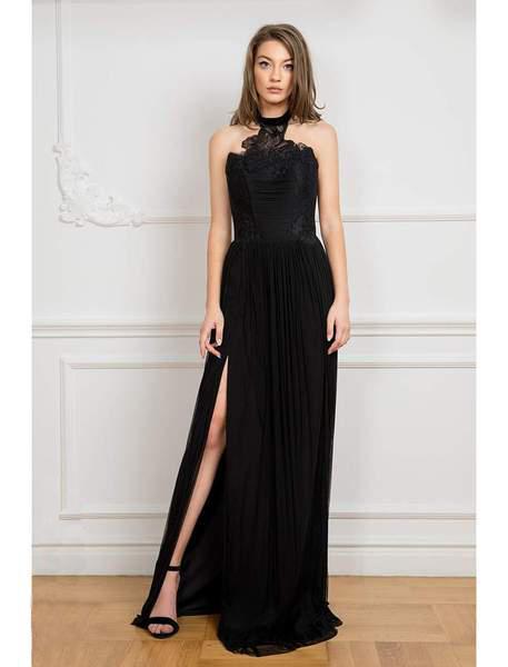 Cristallini - SKA 854 Lace Halter Long A-line Dress In Black