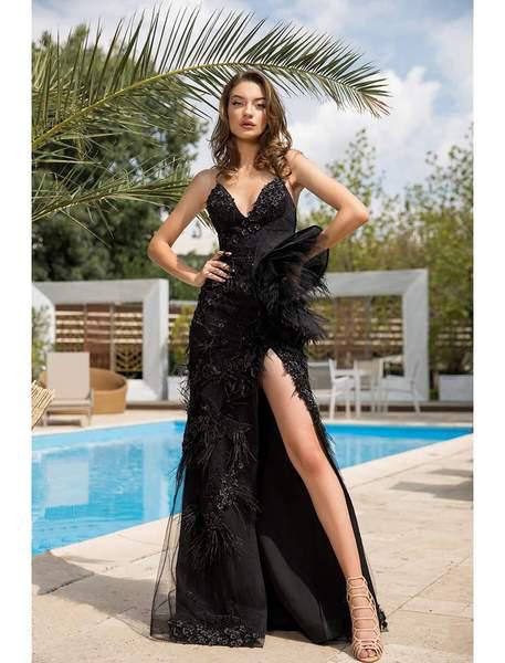 Cristallini - SKA 866 Embroidered Plunging V-neck Trumpet Dress In Black