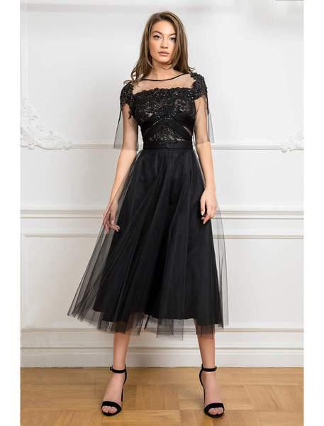 Cristallini - SKA 871 Embroidered Illusion Bateau A-line Dress In Black