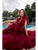Cristallini - SKA 881 Feathered Deep V-neck Tiered A-line Gown In Red
