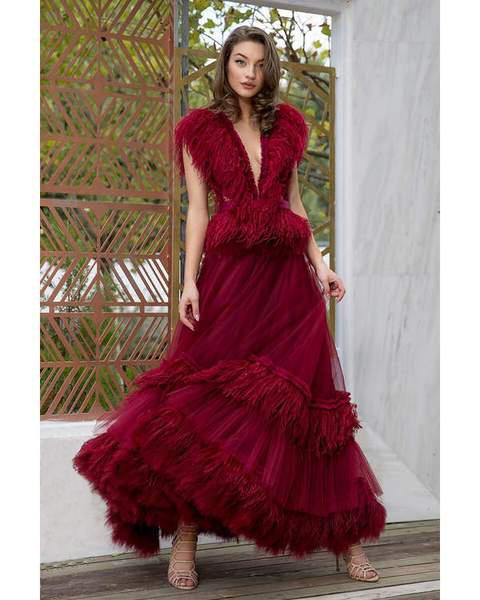 Cristallini - SKA 881 Feathered Deep V-neck Tiered A-line Gown In Red