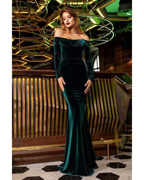 Cristallini - SKA892 Velvet Off-Shoulder Long Sleeve Dress In Green