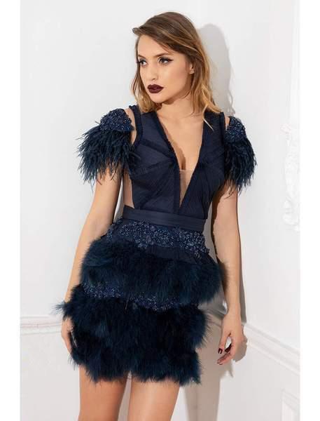 Cristallini - SKA926 Embellished Feathered Sheath Dress In Blue