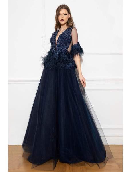 Cristallini - SKA928 Floral Embroidered Feathered Dress In Blue