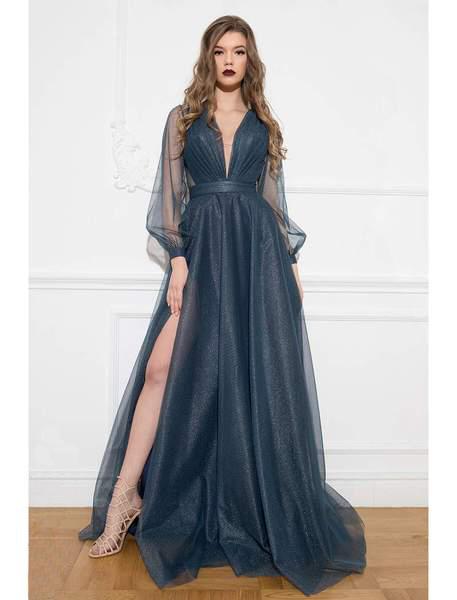 Cristallini - SKA934 Long Sleeve Deep V-neck Tulle Ballgown In Blue