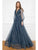 Cristallini - SKA934 Long Sleeve Deep V-neck Tulle Ballgown In Blue