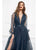 Cristallini - SKA934 Long Sleeve Deep V-neck Tulle Ballgown In Blue