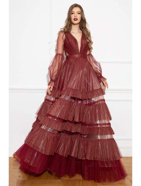 Cristallini - SKA939 Deep V-neck Tiered Ruffled Ballgown In Red