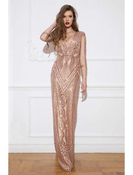 Cristallini - SKA940 Sequined Deep V-neck Sheath Dress In Pink