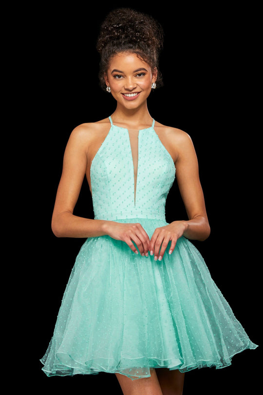 Sherri Hill - 53075 Short Illusion Inset Halter Lace Dress In Green