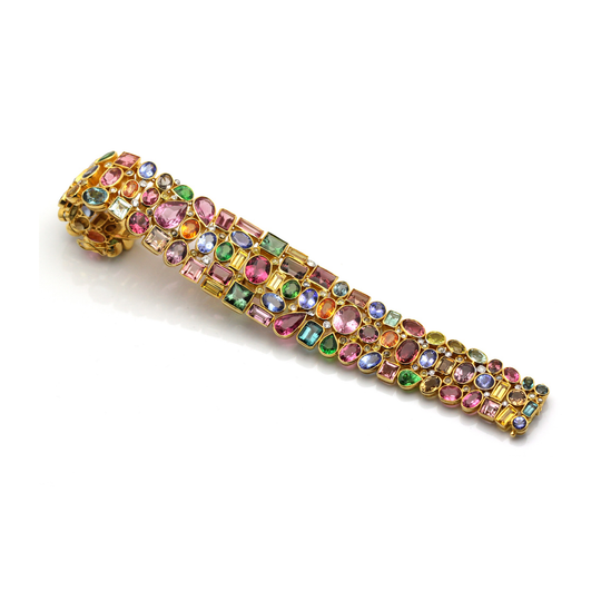 Multi Color Tourmaline, Mandarine Garnet, Tsavorite Garnet and Diamond Bracelet in 18kt Yellow Gold