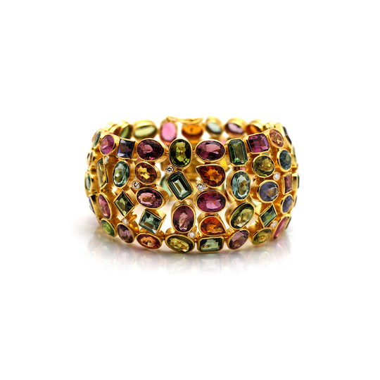 Multi Color Tourmaline And Diamond Bracelet in 18kt Yellow Gold
