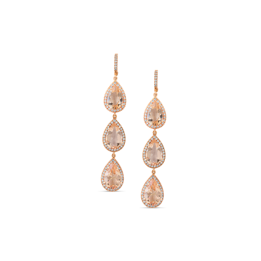 Morganite and Diamond Triple Dangle Earrings in 18k Rose Gold