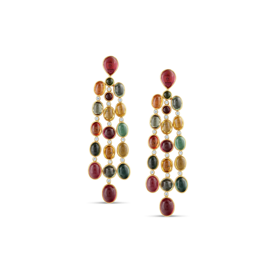 18K Yellow Gold Earring with Multicolor Tourmaline and Diamond
