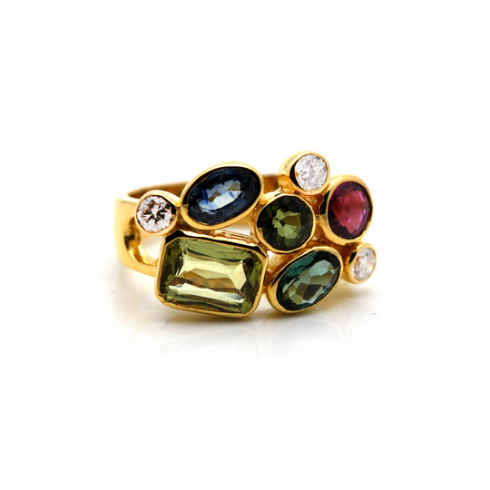 Tresor Collection - Multi-Color Tourmaline, Tanzanite and Diamond Ring in 18k Yellow Gold