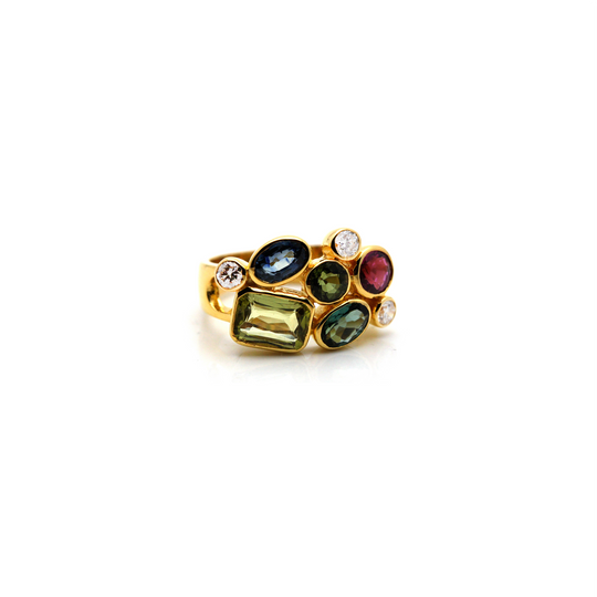Multicolor Tourmaline, Tanzanite and Diamond Ring in 18k Yellow Gold