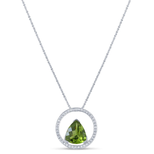Peridot and Diamond Pendant In 18K White Gold