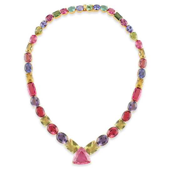 18K Yellow Gold Necklace with Multicolor Tourmaline, Yellow Beryl, Iolite & Tanzanite