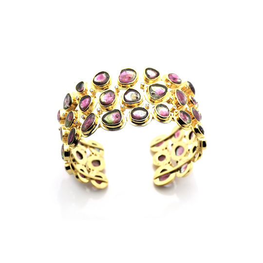 Watermelon Tourmaline & Diamond Cuff In 18K Yellow Gold