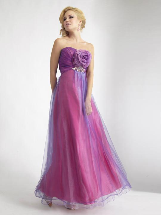 Janique - Long Strapless Ruched Rosette Accented Tulle Dress D116 in Purple