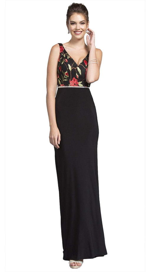 Floral Embroidered Long Column Formal Dress