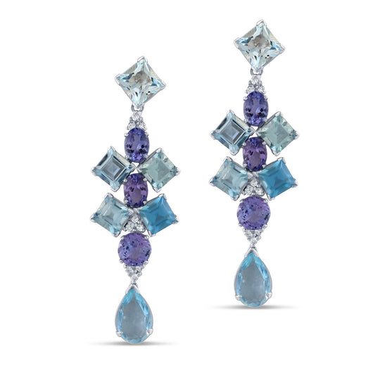 Tanzanite,Aquamarine And Diamond Earring in 18kt Yellow Gold