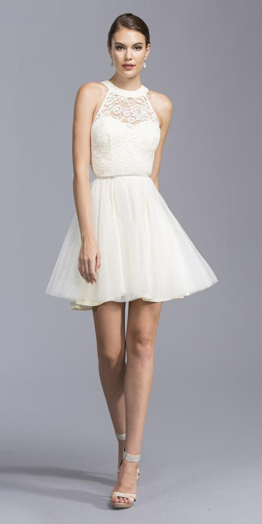 Aspeed - D135 Halter Neck Short Dress with Crystal Ornate Belt