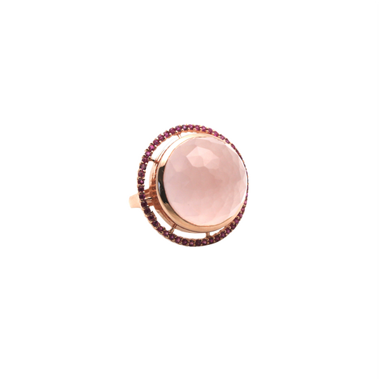 Tresor Collection - Rose Quartz With Ruby Pave Cocktail Ring In 18K Rose Gold