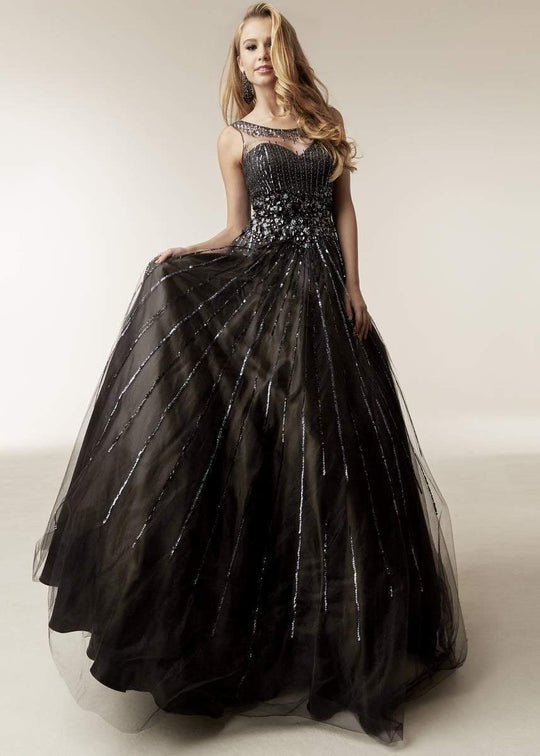Jasz Couture - 6239 Embellished Illusion Ballgown In Black and Gray