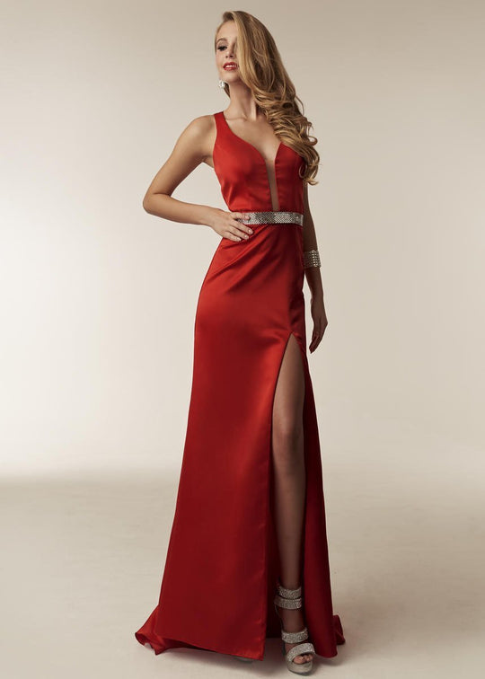 Jasz Couture - 6243 Strappy Beaded Fitted Slit Gown In Red